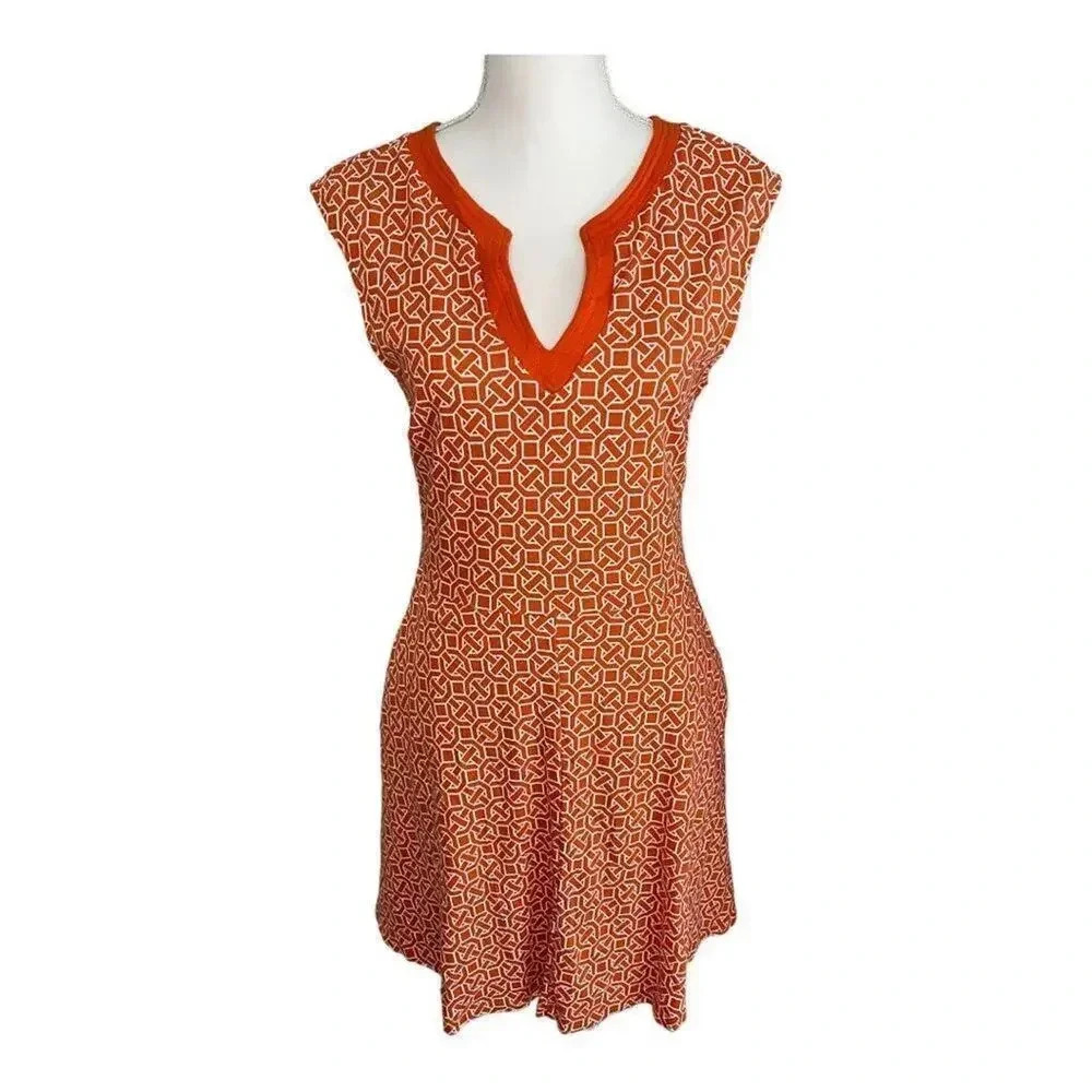 New York & Company Women’s Small Orange & White Retro Geometric Fit & Flare Dres
